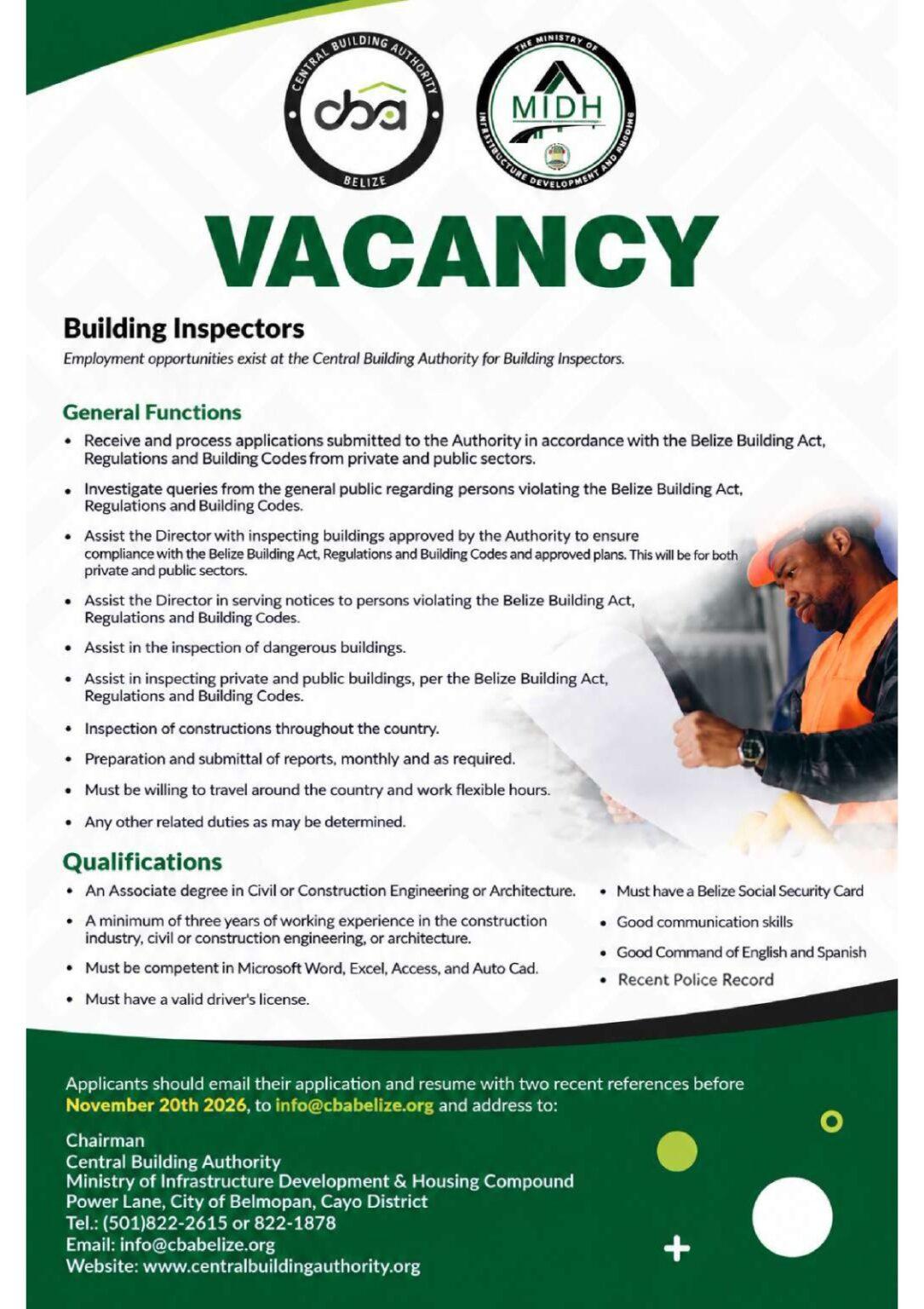 Vacancy Notice: Building Inspector - Central Building Authority Belize
